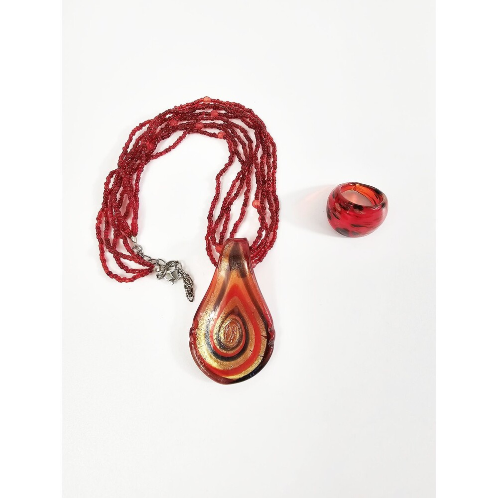 Red and Gold Teardrop Pendent Beaded Art Glass Collar Necklace Ring Size 7 Set